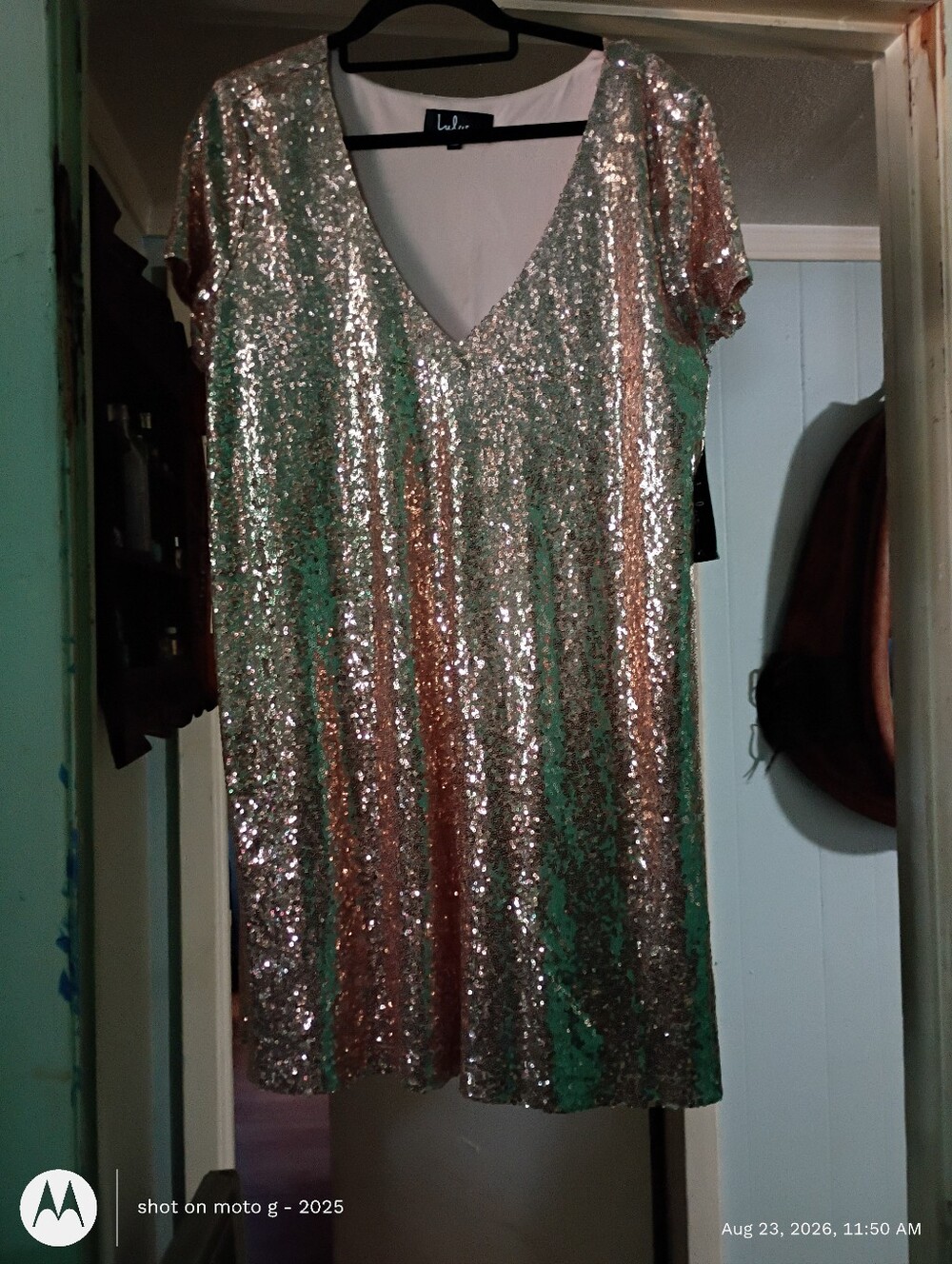 Lulu's Rose Gold Sequin V-Neck Shirt Dress